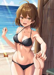Rule 34 | 1girl, 1other, ahoge, alternate breast size, animal, bandaid, bandaid on face, bare arms, bare legs, bare shoulders, beach, bikini, black bikini, blush, breasts, brown hair, collarbone, cowboy shot, crab, day, highres, holding hands, ichikawa feesu, kantai collection, large breasts, navel, oboro (kancolle), ocean, open mouth, outdoors, pov, short hair, smile, solo focus, swimsuit, yellow eyes