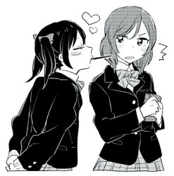 Rule 34 | 2girls, blush, bow, bowtie, food, food in mouth, hair bow, heart, holding, holding food, looking at another, love live!, lowres, monochrome, multiple girls, nishikino maki, otonokizaka school uniform, parted bangs, peg, plaid, plaid skirt, pocky, school uniform, short hair, skirt, striped bow, striped bowtie, striped clothes, surprised, twintails, white background, yazawa nico