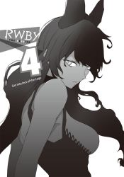 Rule 34 | 1girl, black hair, blake belladonna, bow, commentary request, english text, hair bow, monochrome, official art, rwby, solo, title, yasuda suzuhito
