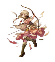 Rule 34 | 1girl, apron, arrow (projectile), back, blonde hair, boots, bow, bow (weapon), bracelet, braid, brown eyes, capelet, faye (fire emblem), fire emblem, fire emblem echoes: shadows of valentia, fire emblem heroes, full body, highres, injury, jewelry, konfuzikokon, long hair, low-braided long hair, low-tied long hair, nintendo, official art, one eye closed, quiver, ryona, simple background, solo, torn clothes, twin braids, weapon, white background