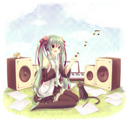 Rule 34 | 1girl, amane kurumi, blush, boots, cat, chipmunk, detached sleeves, flower, green eyes, green hair, hair ribbon, hand on own chest, hatsune miku, highres, instrument, keyboard (instrument), long hair, matching hair/eyes, music, musical note, necktie, open mouth, pencil, quaver, ribbon, sheet music, singing, sitting, skirt, solo, speaker, squirrel, thigh boots, thighhighs, twintails, very long hair, vocaloid, wariza