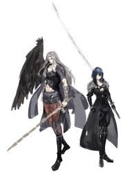 Rule 34 | 1boy, 1girl, blue hair, breasts, byleth (female) (fire emblem), byleth (female) (fire emblem) (cosplay), byleth (fire emblem), cape, commentary, cosplay, costume switch, crossover, english commentary, final fantasy, final fantasy vii, fire emblem, fire emblem: three houses, full body, hair between eyes, heroes relic (fire emblem), highres, holding, holding sword, holding weapon, lace, lace-trimmed legwear, lace trim, long hair, masamune (ff7), medium breasts, nintendo, pantyhose, pantyhose under shorts, print pantyhose, sephiroth, sephiroth (cosplay), shorts, signature, silver hair, simple background, single wing, sword, sword of the creator, weapon, white background, wings, yourfreakyneighbourh
