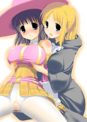 Rule 34 | 2girls, armor, blonde hair, blush, grabbing another&#039;s breast, breasts, brown hair, censored, corset, crotchless, fantasy earth zero, grabbing, hima, huge breasts, multiple girls, pantyhose, pussy, torn clothes, torn legwear, white legwear, yuri