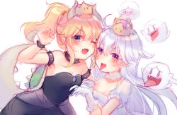 Rule 34 | 2girls, aged down, ahoge, armlet, bare shoulders, black dress, blonde hair, blue eyes, blush, boo (mario), bowsette, bracelet, breasts, claw pose, collar, collarbone, commentary, crown, detached collar, dress, english commentary, fang, fingernails, frilled collar, frilled dress, frilled gloves, frills, gloves, hair flaps, highres, horns, jewelry, long fingernails, long hair, looking at viewer, luigi&#039;s mansion, mario (series), mini crown, multiple girls, nail polish, new super mario bros. u deluxe, nintendo, open mouth, pointy ears, ponytail, princess king boo, puffy short sleeves, puffy sleeves, purple eyes, short sleeves, shouu-kun, sidelocks, simple background, sketch, sleeveless, sleeveless dress, small breasts, smile, spiked armlet, spiked bracelet, spiked collar, spiked shell, spiked tail, spikes, strapless, strapless dress, super crown, tail, tongue, tongue out, turtle shell, white background, white dress, white gloves, white hair