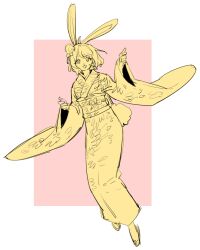 Rule 34 | 1girl, animal ears, border, carrot (one piece), full body, hair ornament, japanese clothes, kimono, long sleeves, looking at viewer, obi, one piece, pink background, rabbit ears, rabbit girl, rabbit tail, raine (acke2445), rectangle, sash, short hair, smile, solo, tail, white border