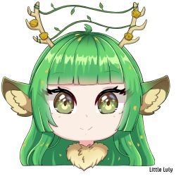 Rule 34 | 1girl, animal ear fluff, animal ears, antlers, artist name, blunt bangs, brown eyes, chibi, commentary, english commentary, fur scarf, haruka karibu, head only, highres, horns, indie virtual youtuber, little luly, looking at viewer, moose ears, moose girl, smile, solo, virtual youtuber, white background