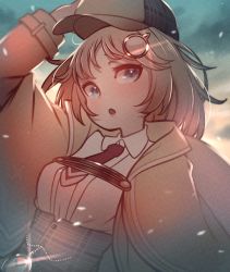 Rule 34 | 1girl, :o, blonde hair, blue eyes, blue sky, brown coat, cloud, cloudy sky, coat, deerstalker, detective, hair ornament, hat, highres, hololive, hololive english, looking at viewer, necktie, open mouth, outdoors, red necktie, shirt, sky, solo, tenbin 777, upper body, virtual youtuber, watson amelia, white shirt