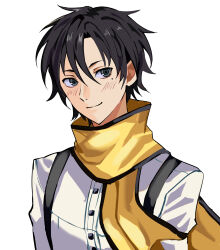 Rule 34 | 1boy, alternate hairstyle, black hair, blush, closed mouth, commentary, grey eyes, hair between eyes, hair down, highres, joowon (jju oon), looking at viewer, male focus, mochizuki ryouji, mole, mole under eye, persona, persona 3, scarf, shirt, short hair, simple background, smile, solo, suspenders, upper body, white background, white shirt, yellow scarf