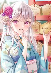 Rule 34 | 1girl, flower, hair flower, hair ornament, japanese clothes, kimono, long hair, long sleeves, original, pink eyes, sakura hiyori, smile, solo