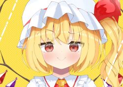 Rule 34 | 1girl, :&gt;, blonde hair, closed mouth, commentary, crystal, flandre scarlet, hat, hat ribbon, highres, looking at viewer, medium hair, mob cap, one side up, polka dot, polka dot background, red eyes, red ribbon, ribbon, smile, smug, solo, terecho, touhou, upper body, white hat, wings, yellow background
