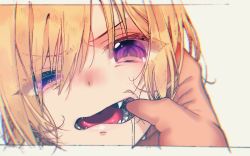 Rule 34 | 1girl, blonde hair, blush, commentary request, eyes visible through hair, fangs, finger in another&#039;s mouth, half-closed eyes, idolmaster, idolmaster shiny colors, looking at viewer, mozu 1oo, nose blush, open mouth, portrait, pov, pov hands, purple eyes, saijo juri, saliva, solo focus, tongue