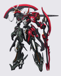Rule 34 | absurdres, arm at side, axe, battle axe, grey background, highres, holding, holding weapon, mecha, no humans, original, robot, science fiction, standing, weapon, weapon on back, wing (wingho)
