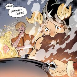 Rule 34 | 1boy, beard, blonde hair, brown hair, cooking, crossover, curly eyebrows, dungeon meshi, dwarf, english text, facial hair, fake horns, hair over one eye, hand on own chin, helmet, highres, horned helmet, horns, long beard, male focus, mayimster, mustache, one piece, sanji (one piece), senshi (dungeon meshi), short hair, solo, steam, stroking own chin, thick mustache, very long beard, wok