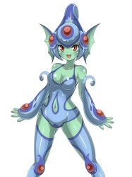Rule 34 | 1girl, absurdres, artist request, breasts, clothing cutout, colored skin, digimon, digimon (creature), frog girl, green skin, helmet, highres, navel cutout, one-piece swimsuit, ranamon, red eyes, shiny skin, smile, swimsuit, tongue, tongue out, wide hips