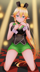 Rule 34 | 1girl, animal ears, bare shoulders, black shirt, blonde hair, blurry, blurry background, bow, bowtie, braid, breasts, buttons, checkered floor, cleavage, clenched hands, double-breasted, fake animal ears, green bow, green bowtie, green eyes, green skirt, hair between eyes, hands up, highres, ken-ji, kneeling, large breasts, leafa (sao), long hair, miniskirt, pointy ears, shirt, skirt, smile, solo, sword art online, twin braids, twintails, wrist cuffs