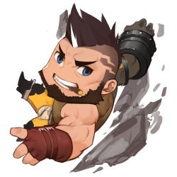Rule 34 | 1boy, bandaid, bandaid on cheek, bandaid on face, beard, black hair, blue eyes, chibi, cigar, cyphers, damian doyle (cyphers), facial hair, fighting stance, full body, gomtang, green tank top, lowres, male focus, mature male, mohawk, muscular, muscular male, pectorals, short hair, sidepec, solo, tank top