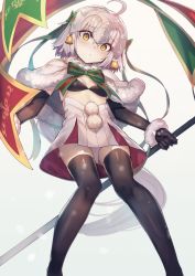 Rule 34 | 1girl, ahoge, akieda, bell, bikini, bikini top only, black bikini, black thighhighs, blush, bow, breasts, capelet, closed mouth, dress, elbow gloves, fate/grand order, fate (series), from below, fur trim, gloves, green bow, green ribbon, grey hair, hair between eyes, hair bow, hair ribbon, headpiece, highres, holding, jeanne d&#039;arc (fate), jeanne d&#039;arc alter santa lily (fate), legs apart, long hair, looking at viewer, looking down, low ponytail, panties, pantyshot, ribbon, short dress, simple background, small breasts, solo, standard bearer, standing, striped, striped bow, swimsuit, thighhighs, thighs, underwear, upskirt, white background, white dress, white panties, yellow eyes