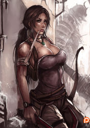 Rule 34 | 1girl, armor, bare shoulders, blood, breasts, brown eyes, brown hair, cleavage, hiding, ice, jewelry, lara croft, large breasts, light, long hair, necklace, snow, solo, standing, tank top, tomb raider, tomb raider (reboot), torn clothes, watch, weapon