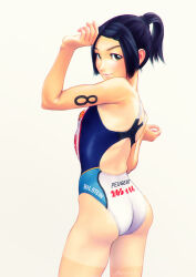 1girl ass black_eyes black_hair breasts commentary_request competition_swimsuit from_behind fumichika_mori highleg looking_at_viewer looking_back one-piece_swimsuit original ponytail racerback short_hair simple_background small_breasts smile solo swimsuit tan tanline