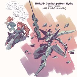 2girls blonde_hair blue_eyes bodysuit braid breasts brown_eyes brown_hair commentary cowlick english_commentary funnels_(gundam) grey_bodysuit gun head_tilt holding holding_gun holding_knife holding_weapon hologram huge_breasts knife lancer_rpg mecha mecha_focus mecha_pilot_suit megan_(n647) multiple_girls n647 original ponytail robot rose_(n647) science_fiction smile thick_eyebrows weapon wide_hips