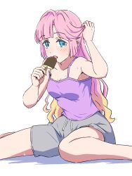 Rule 34 | 1girl, adjusting hair, alternate costume, anyoji hime, blonde hair, blue eyes, blunt bangs, blush, breasts, camisole, chocolate, cleavage, commentary request, food, foot out of frame, gradient hair, grey shorts, hair down, hair intakes, highres, holding, holding food, holding popsicle, link! like! love live!, long hair, looking at viewer, love live!, matsu 038, medium breasts, multicolored hair, open mouth, pink hair, popsicle, purple camisole, shorts, sidelocks, simple background, solo, sweat, swept bangs, very long hair, very sweaty, virtual youtuber, white background