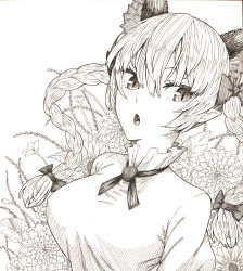 Rule 34 | 1girl, :o, animal ear fluff, animal ears, bow, braid, breasts, cat ears, commentary request, dress, extra ears, flower, frilled dress, frills, graphite (medium), greyscale, hair between eyes, hair bow, hatching (texture), highres, kaenbyou rin, ke-su, large breasts, long hair, looking at viewer, monochrome, open mouth, pointy ears, shikishi, slit pupils, solo, touhou, traditional media, twin braids, upper body