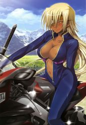 Rule 34 | 00s, 1girl, absurdres, areola slip, biker clothes, bikesuit, blonde hair, bodysuit, breasts, cleavage, cloud, covered erect nipples, cypha of huckebein, dark-skinned female, dark skin, day, eyepatch, higa yukari, highres, large breasts, legs, licking lips, long hair, long legs, lyrical nanoha, mahou senki lyrical nanoha force, mahou shoujo lyrical nanoha, motor vehicle, motorcycle, mountain, naughty face, non-web source, nyantype, official art, sky, solo, sword, tattoo, thighs, tongue, tongue out, unzipped, vehicle, very long hair, weapon, yellow eyes