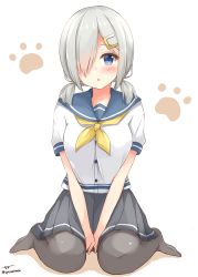 Rule 34 | 10s, 1girl, :o, alternate hairstyle, between legs, black pantyhose, blue eyes, blush, breasts, buttons, chaa (korone-ze), hair ornament, hair over one eye, hairclip, hamakaze (kancolle), hand between legs, highres, kantai collection, large breasts, looking at viewer, low twintails, neckerchief, no gloves, pantyhose, paw print, pleated skirt, school uniform, serafuku, short hair, short sleeves, short twintails, silver hair, sitting, skirt, solo, twintails, twitter username, v arms, wariza, yellow neckerchief