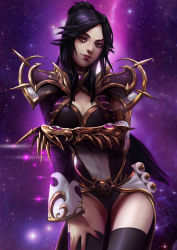 Rule 34 | 1girl, armor, artist request, black hair, black panties, black thighhighs, breast hold, breasts, claw (weapon), cleavage, closed mouth, contrapposto, cowboy shot, diablo (series), diablo 3, dress, elbow gloves, fingerless gloves, gauntlets, gem, glint, gloves, groin, hair flaps, hand on own thigh, hand up, heroes of the storm, highleg, highleg panties, highres, li-ming, lips, long dress, long hair, long sleeves, looking at viewer, medium breasts, nail polish, panties, parted bangs, partially visible vulva, ponytail, purple background, purple dress, purple gemstone, purple nails, scroll, shoulder pads, sidelocks, single elbow glove, single gauntlet, single sleeve, skull, solo, standing, star (symbol), starry background, thighhighs, underbust, underwear, weapon, yellow eyes, zettai ryouiki