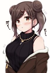 Rule 34 | 1girl, :t, bare shoulders, black sweater, blush, brown eyes, brown hair, brown jacket, closed mouth, commentary request, double bun, earrings, hair bun, hair ornament, hairclip, idolmaster, idolmaster shiny colors, jacket, jewelry, lockheart, looking at viewer, motion lines, off shoulder, open clothes, open jacket, pout, ribbed sweater, simple background, sleeveless, sleeveless turtleneck, solo, sonoda chiyoko, stud earrings, sweater, swept bangs, turtleneck, turtleneck sweater, twintails, upper body, white background, x hair ornament