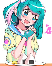 Rule 34 | :d, aqua eyes, aqua gloves, aqua hair, blush, commentary, cropped jacket, cropped torso, drooling, fingerless gloves, food, fujitwo, gloves, hagoromo lala, hair ornament, happy, head tilt, heart, heart hair ornament, heart print, highres, interlocked fingers, jacket, looking at food, medium hair, multicolored hair, no antennae, nori (seaweed), onigiri, open mouth, own hands together, pink hair, plate, pointy ears, precure, rice, sailor collar, shiny skin, short sleeves, simple background, single glove, smile, solo, spoken heart, star-shaped pupils, star (symbol), star color pendant, star in eye, star twinkle precure, streaked hair, symbol-shaped pupils, symbol in eye, teeth, unfinished, upper body, upper teeth only, white background, white hair, yellow jacket