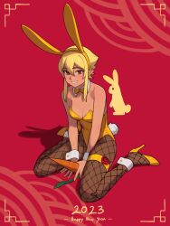Rule 34 | 1girl, 2023, absurdres, animal ears, ankle cuffs, bare arms, bare shoulders, blonde hair, bow, bowtie, breasts, brown eyes, carrot, chinese zodiac, commentary, dark-skinned female, dark skin, detached sleeves, elf, elfheim, english commentary, fake animal ears, fishnet pantyhose, fishnets, full body, hair between eyes, hairband, high heels, highres, leotard, nil sunna, orange bow, orange bowtie, orange hairband, orange leotard, original, pantyhose, parted lips, pointy ears, red background, shoes, short hair, sidelocks, simple background, sitting, small breasts, smile, solo, sunna (nilsunna), thigh strap, wariza, wrist cuffs, year of the rabbit, yellow footwear