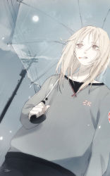 Rule 34 | 1girl, bad id, bad pixiv id, blonde hair, brown eyes, cigarette, cloud, cloudy sky, dutch angle, gradient background, highres, long sleeves, mouth hold, original, outdoors, pole, power lines, rain, signature, sky, smoke, smoking, solo, sun, sweater, teyuruun, umbrella, upper body, water