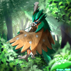 Rule 34 | arrow (projectile), beak, brown eyes, commentary request, creatures (company), day, decidueye, forest, game freak, gen 7 pokemon, highres, light rays, looking at viewer, looking to the side, nature, nintendo, no humans, orange pupils, outdoors, pokemon, pokemon (creature), shigeyasu., solo, talons, tree