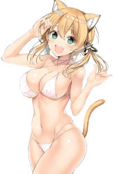 Rule 34 | 1girl, :d, anchor hair ornament, animal ears, bikini, blonde hair, breasts, cat ears, cat tail, commentary request, green eyes, hair between eyes, hair ornament, highres, inuzumi masaki, kantai collection, kemonomimi mode, large breasts, looking at viewer, navel, open mouth, polka dot, polka dot bikini, prinz eugen (kancolle), short hair, simple background, smile, solo, swimsuit, tail, teeth, upper teeth only, white background, white bikini