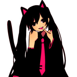 Rule 34 | 1girl, :p, animal ears, bad id, bad pixiv id, black eyes, black hair, cat ears, cat girl, detached sleeves, female focus, hatsune miku, long hair, necktie, simple background, smile, solo, tamayo, tongue, tongue out, twintails, very long hair, vocaloid, white background