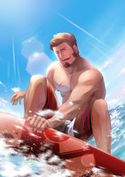 Rule 34 | 1boy, abs, absurdres, alternate costume, bara, blue eyes, brown hair, facial hair, fate/grand order, fate (series), goatee, highres, icelernd, large pectorals, long sideburns, male focus, male swimwear, motion blur, muscular, napoleon bonaparte (fate), pectorals, red male swimwear, red swim trunks, scar, sideburns, smile, solo, summer, surfboard, surfing, swim trunks, swimsuit, topless male, water