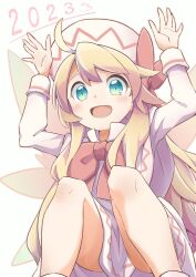 Rule 34 | 1girl, 2023, :d, aqua eyes, arms up, blonde hair, bow, bowtie, capelet, commentary request, fairy wings, hat, hat bow, highres, lily white, long hair, long sleeves, looking at viewer, open mouth, red bow, red bowtie, simple background, smile, solo, touhou, white background, wings, yutamaro