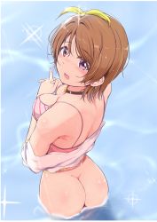 Rule 34 | 1girl, absurdres, ankoiri, ass, black choker, blush, bottomless, bow, breasts, brown hair, choker, from behind, hair bow, highres, koizumi hanayo, looking at viewer, love live!, love live! school idol project, medium breasts, open mouth, own hands together, purple eyes, short hair, solo, sparkle, wading, water, wet, yellow bow