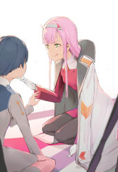 Rule 34 | 10s, 1boy, 1girl, black hair, black pantyhose, coat, couple, darling in the franxx, gloves, green eyes, hair ornament, hairband, hand on another&#039;s chin, highres, hiro (darling in the franxx), horns, lipstick, long hair, looking at another, makeup, military, military uniform, necktie, oni horns, orange neckwear, pantyhose, perorin, pink hair, red horns, seiza, short hair, sitting, socks, sweat, uniform, white gloves, white hairband, zero two (darling in the franxx)