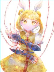 Rule 34 | 1girl, :o, armor, between fingers, blonde hair, bloom, blunt bangs, blurry, bright pupils, chromatic aberration, cowboy shot, depth of field, double bun, dress, floating hair, frilled sleeves, frills, hair bun, hair ribbon, hand up, haniwa (statue), highres, holding, holding needle, itomugi-kun, joutouguu mayumi, looking at viewer, needle, parted lips, puffy short sleeves, puffy sleeves, ribbon, sewing needle, short hair, short sleeves, sidelocks, solo, staring, straight-on, string, string of fate, touhou, vambraces, vignetting, water drop, white background, white pupils, white ribbon, yellow dress, yellow eyes, yellow theme