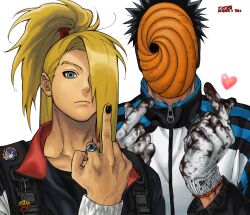 Rule 34 | 2boys, alternate costume, badge, bag charm, black hair, black nails, blonde hair, blood, blood on gloves, blood on hands, button badge, cameo, charm (object), commentary, covered face, deidara (naruto), double finger heart, facing viewer, finger heart, gloves, grey eyes, hair over one eye, hand up, hands up, heart, highres, jewelry, long hair, long sleeves, looking at viewer, male focus, mask, middle finger, multiple boys, naruto (series), naruto shippuuden, one eye covered, ponytail, ring, simple background, sonic (series), sonic the hedgehog, symbol-only commentary, tobi (naruto), topknot, uchiha obito, umkaqryi, upper body, white background, white gloves, zipper
