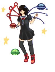 Rule 34 | asymmetrical wings, black dress, black hair, black thighhighs, dress, houjuu nue, red eyes, red footwear, shoes, short dress, short sleeves, solo, sonicami, star (symbol), thighhighs, touhou, ufo, undefined fantastic object, wings, zettai ryouiki