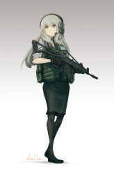 Rule 34 | 1girl, absurdres, assault rifle, asterisk kome, commentary, full body, gloves, green eyes, gun, headset, highres, holding, holding gun, holding weapon, id card, load bearing vest, long hair, necktie, original, pantyhose, pencil skirt, rifle, rk95, silver hair, skirt, solo, weapon, white background