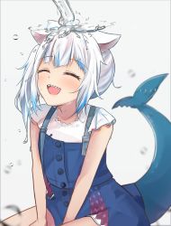 Rule 34 | 1girl, :d, ^ ^, animal ears, blue dress, blue hair, blush, cat ears, closed eyes, commentary request, dress, fins, fish tail, gawr gura, gawr gura (casual), grey background, highres, hololive, hololive english, long hair, multicolored hair, official alternate costume, open mouth, shark tail, sharp teeth, shirt, shuuzo3, side ponytail, sitting, sleeveless, sleeveless dress, smile, solo, streaked hair, tail, teeth, virtual youtuber, water, white hair, white shirt