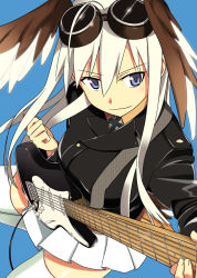 Rule 34 | 00s, 1girl, animal ears, bad id, bad pixiv id, goggles, guitar, hanna-justina marseille, head wings, instrument, long hair, ningen (ningen96), ningen (ningen (96), skirt, solo, strike witches, thighhighs, uniform, white hair, wings, witches of africa, world witches series