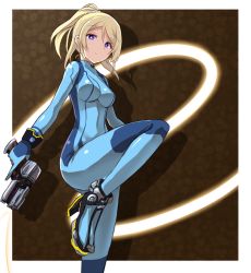 Rule 34 | 10s, 1girl, ayase eli, blue eyes, bodysuit, breasts, cosplay, expressionless, gun, highres, holding, holding gun, holding weapon, leg up, look-alike, looking at viewer, love live!, love live! school idol project, metroid, nintendo, outside border, ponytail, purple eyes, samus aran, samus aran (cosplay), scrunchie, shipii (jigglypuff), short hair, simple background, skin tight, solo, standing, standing on one leg, stun gun, super smash bros., trigger discipline, weapon, zero suit