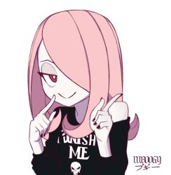 Rule 34 | 1girl, boogy (mnmnjuguna), female focus, hair over one eye, little witch academia, looking at viewer, nail polish, pink hair, red eyes, simple background, smile, solo, sucy manbavaran, upper body, white background