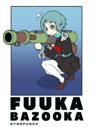 Rule 34 | 1girl, :&gt;, aqua hair, armband, artist name, blue background, blue hair, brown eyes, brown footwear, character name, dynopunch, gekkoukan high school uniform, highres, holding, holding weapon, kneeling, letterboxed, loafers, looking at viewer, notice lines, persona, persona 3, red armband, rocket launcher, school uniform, shoes, short hair, skirt, smile, solo, turtleneck, weapon, yamagishi fuuka