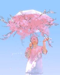 Rule 34 | 1boy, arms up, blue background, branch, cherry blossoms, closed mouth, covered face, cowboy shot, dated, falling petals, flower, highres, holding, holding umbrella, light brown hair, original, petals, pink flower, pink shirt, rido (ridograph), shirt, short hair, short sleeves, umbrella